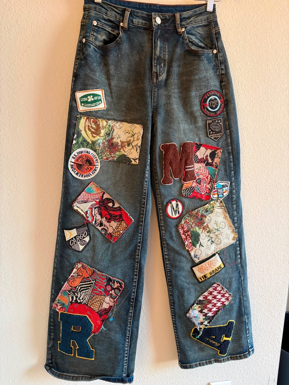 AKIRA Patchwork Wide-Leg Jeans in Dark Blue with Multicolor Accents